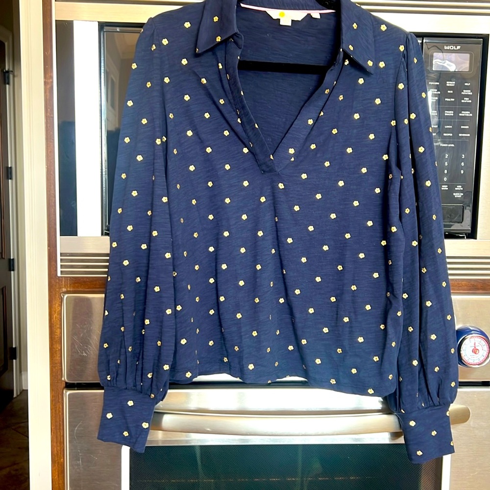 Boden Navy Blouse with Yellow Polka Dots
